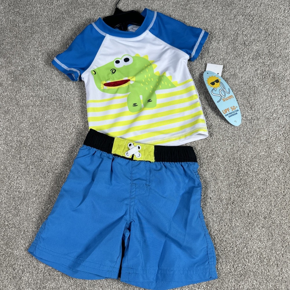 Sol Swim Boy's 2 Piece Swim‎ Set 6-9 Months UPF 50+ Sun Protection Lizard Iguana